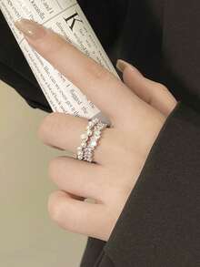 1枚奢华仿珍珠独特优雅立方氧化锆精致派对戒指，女士款 - 銀色 - 查看 3