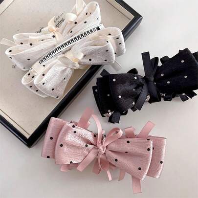 缎面波点蝴蝶结发爪夹，多种颜色可选，强力抓力，大号，适合女士约会、外出和盘发造型