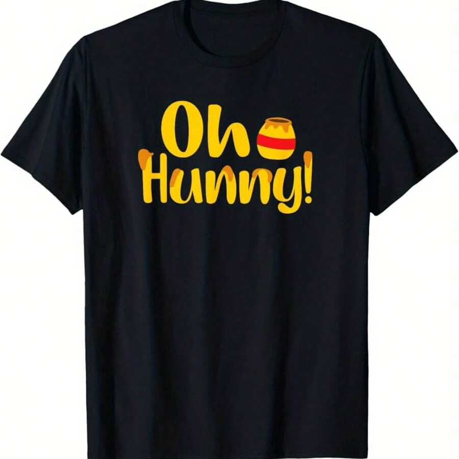 Oh Hunny Pot! Matching Couples T-Shirt | Casual Graphic Tee With Playful Honey Pot Design, Black And Yellow Print, Regular Fit All-Season Comfort, Machine Washable, Cute And Fun Print, Comfortable Material, Breathable Fabric, Unisex - 黑色 - 查看 1