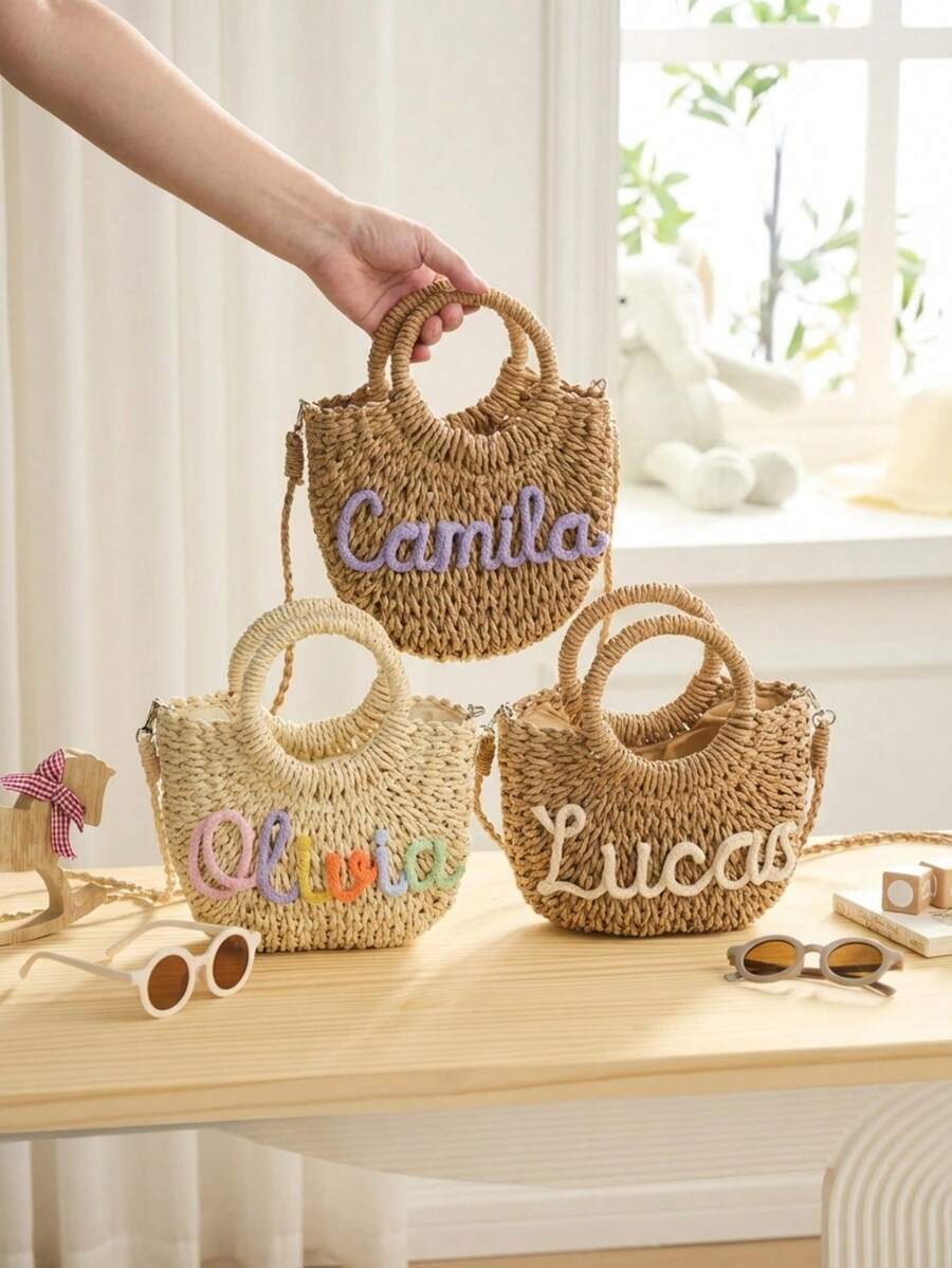 Customized Straw Beach Bag, Bridesmaid Beach Bag, Customized Gift Tote, Customized Straw Handbag, Wedding Party Gift, Flower Girl Basket - Multicolor - View 1