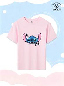 This Casual T-Shirt For Girls Is Suitable For Children Aged 4 To 12. Featuring A Disney Lilo & Stitch And Angel Couple Print (626 & 624), It Incorporates Stitch's Playful Tongue-Out Pose, The Number "626," 3D "Angel STITCH FOREVER" Lettering On The Back, Heart Halos, And Star Elements, Recreating A Sweet Interactive Scene. Made From 100% Pure Cotton, It's Soft, Durable, Skin-Friendly, Sweat-Absorbent, And Breathable. It Can Be Paired With Tulle Skirts, Denim Skirts, Casual Leggings, Wide-Leg Casual Pants, Cargo Shorts, And Casual Sweatpants. Suitable For Various Occasions Such As Theme Park Visits, Family Trips, Daily School, Outdoor Parties, And Birthday Photoshoots, The Sweet Cartoon Print Design Meets The Daily Sweet Dressing Needs Of Girls Aged 4 To 12. It's A Summer Bestseller That Combines Practicality And Childlike Fun. - 粉色 - 查看 3