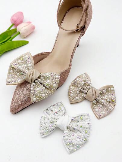 2pcs Minimalist Rhinestone Bow Shoe Clips, Detachable Shoe Buckles, Wedding Bride Party High Heels Accessories