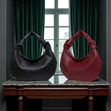 Women's Crescent-Shaped Handbag, Black And Burgundy, Double-Knot Design, PU Material, Lightweight And Fashionable, Suitable For Outings And Parties - Multicolor - View 1