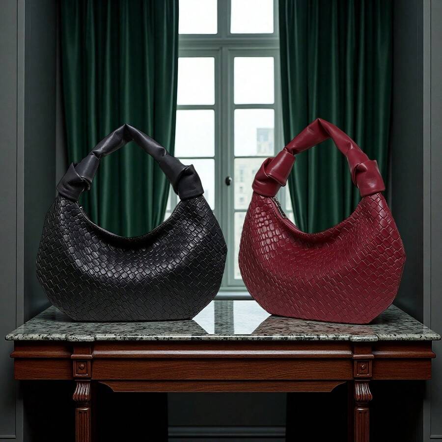 Women's Crescent-Shaped Handbag, Black And Burgundy, Double-Knot Design, PU Material, Lightweight And Fashionable, Suitable For Outings And Parties - Multicolor - View 1