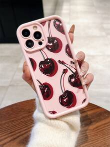 1pc New Creative Pink Full-Screen 3D Cherry Pattern Phone Case, Full Coverage Precision Cutout Camera Soft Protective Cover Suitable For IPhone 17 Air/17 Pro Max/17/16 Plus/15/14/13/12/11/XS Max/XR/7/8 - Light Pink - View 5