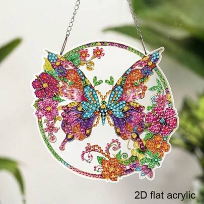 2D Flat Acrylic DIY Diamond Painting Kit, Vibrant Butterfly & Floral Diamond Art Painting For Hanging, Asymmetrical Shape Diamond Suncatcher, Suitable For Garden, Window, Porch, Wall, Room, Living Room, Study Home Decor. Welcome Sign For Home And Outdoor, Ideal Gift For Holidays And Parties, Diamond Art Kit