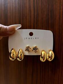 6-18pcs European And American Personalized Water Drop C-Shape Heart, Mermaid Tail, Rose Flower, Smooth Asymmetrical Earrings Set - Gold - View 3