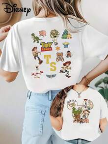 Disney Loose Version "TOY STORY TS" Toy Story Character Collection Front And Back Printed T-Shirt, Suitable For Summer And Spring, Short Sleeved Top, Women's Clothing, Holiday Gift Party Clothing. - White - View 1