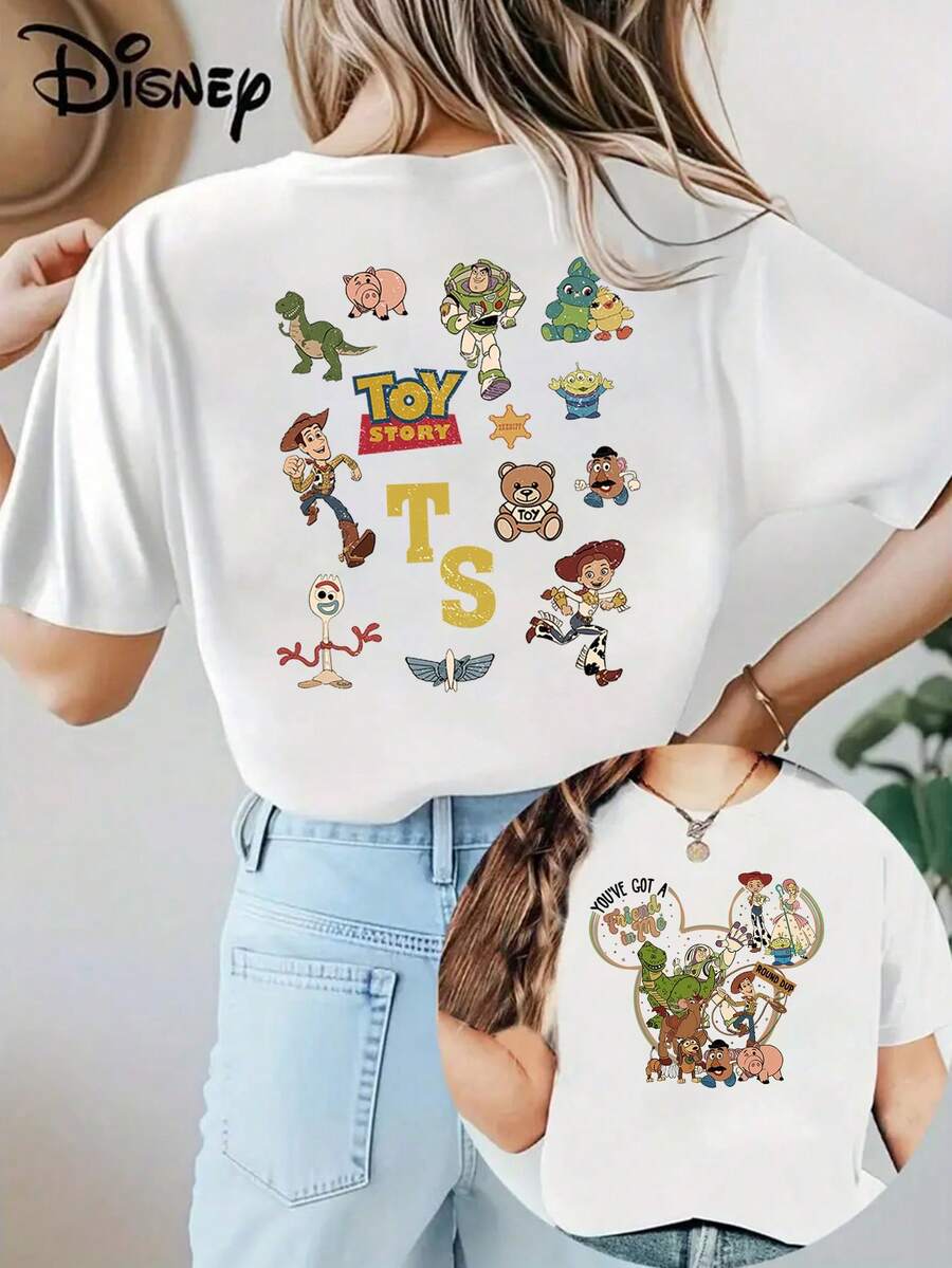 Disney Loose Version "TOY STORY TS" Toy Story Character Collection Front And Back Printed T-Shirt, Suitable For Summer And Spring, Short Sleeved Top, Women's Clothing, Holiday Gift Party Clothing. - White - View 1