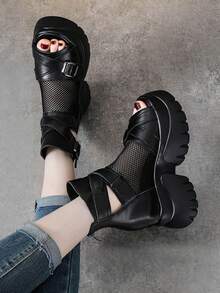 Sporty Punk Buckle Retro Roman Wedge Sandals, Women Summer Thick Bottom Mesh Hollow Platform Sandals - Black - View 6
