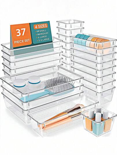 37/16/4pcs Beauty Products Storage Set, Cosmetics Organizer, Makeup Eyebrow Brush, Lipstick, Eye Shadow Subpackage Bottle Storage Box, Bathroom Shelf, Home Decoration, Mother's Day Gifts, Desk Dresser Storage Box, Jewelry Storage Box