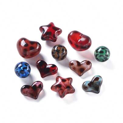 新款豹纹亚克力散珠心形星形透明直孔DIY手机链串珠材料