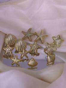 Set de 2-12 piezas de pendientes con estrella de mar y concha dorados de moda, adecuado para usar en verano, viajes y vacaciones - Dorado - Ver 2