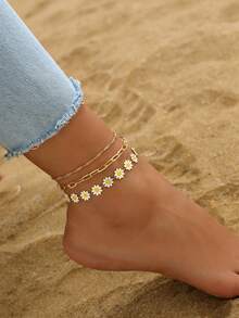Set de 3 piezas Tobilleras de cadena dorada minimalista con margaritas, adecuadas para uso diario y vacaciones - 775 Juego de tobilleras de tres piezas - Ver 3