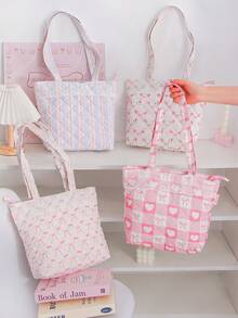 1pc Pink Lace Floral Shoulder Bag, Floral Aesthetics, Fashionable Casual Large Capacity Handbag, Can Store Tablet, Sanitary Napkins, Pad, Wired Earphones, Earbuds, Headphones, Charger, Lipstick, Cosmetics, Laptop, Home Decor, Suitable For Moms, Students, Office Ladies, Commuters, Key Storage, Holiday Gift , Pink - Pink - View 1