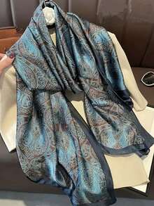 1条女士土耳其蓝色印花仿丝围巾，可用作头饰、围脖或服装配饰 - 松石藍 - 查看 2