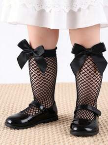 1双儿童蝴蝶结甜美可爱中筒网眼袜，镂空渔网女童袜，适合春夏穿着 - 彩色 - 查看 5