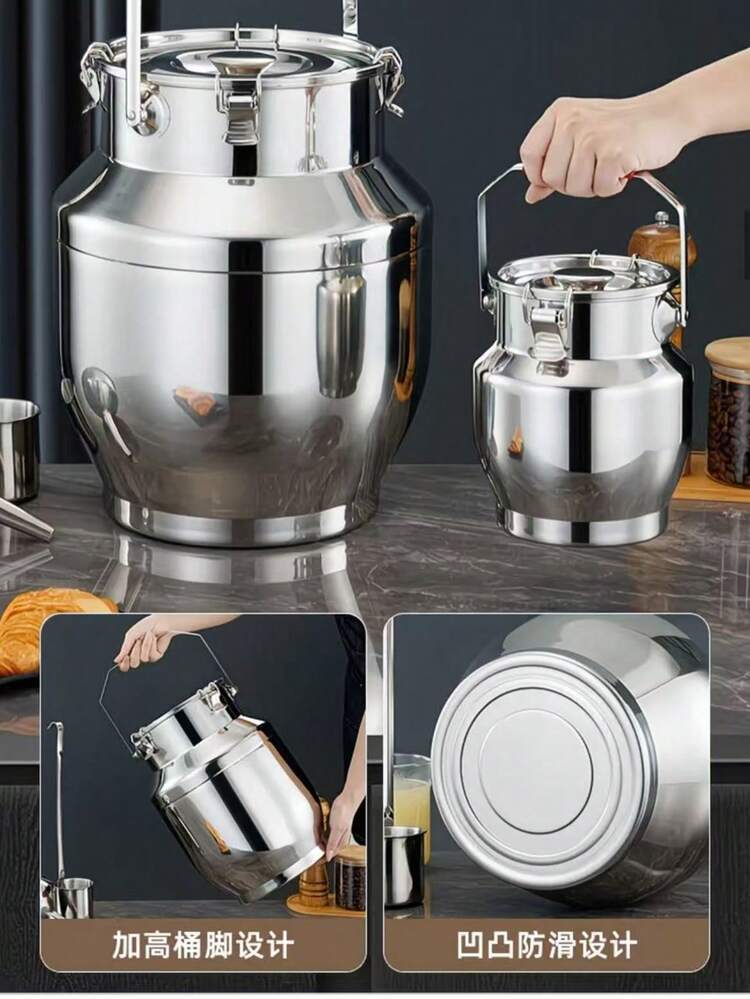 不锈钢密封桶，加厚茶叶罐，运输桶，食用花生油桶，牛奶桶，酒桶，油桶，大容量家用储米桶，防潮储粮，锁扣设计，双层密封盖，适用于存放大米、面粉、谷物、大豆、花生、食用油、茶叶、宠物食品等。一桶多用，满足不同需求，镜面抛光内壁，易于清洁。 - 查看 7