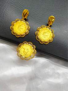 4件套女士镀金肖像硬币吊坠首饰套装，包括项链、手链、戒指和耳环，适合婚礼、派对、母亲节、情人节、生日、音乐节、节日等场合，是送给妈妈、姐妹、女友的礼物。 - 金黃色 - 查看 4