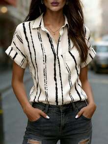 女士条纹短袖衬衫，衬衫领，纽扣前襟，带口袋 – 适合工作、居家和日常度假的办公室休闲夏季上衣 - 白色 - 查看 12