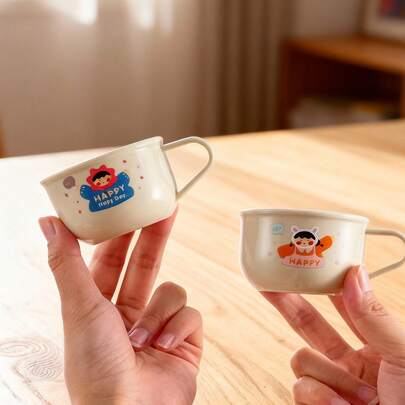 1/4pcs 304 Stainless Steel Mini Water Cup With Handle, Cute Cartoon Pattern Milk Cup, Coffee Mug, Portable Children Drinking Cup, Anti Scalding Drinkware, Suitable For School, Dorm, Office, Outdoor Camping, Picnic,Travel, Bakc To School