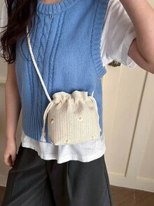 1pc Drawstring Closure Shiny Sequin PVC Bucket Bag, Fashionable Personalized Drawstring Closure Handbag, Versatile Shoulder/Crossbody Bag Suitable For Women's Daily, Party, Event Wear - Beige - View 3