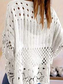 白色镂空针织罩衫，圆领蝙蝠袖宽松款式，适合夏季海滩派对、毕业典礼和优雅的度假场合。 - 白色 - 查看 3