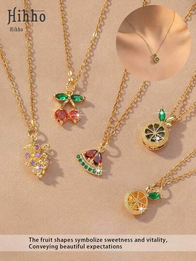 Hihho 1件水果派对吊坠项链，镀金精致颈链，水果造型设计象征甜蜜与活力，可搭配T恤、连衣裙打造日常活力造型，或搭配半身裙、吊带背心展现优雅约会/度假风情，传递美好祝愿。