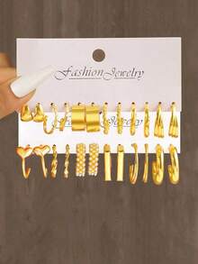 48 Pairs Fashionable Faux Pearl, Geometric & Twisted Hoop Earrings, Perfect For Parties, Dates, Gifts And Daily Wear - 黃金 - 查看 5
