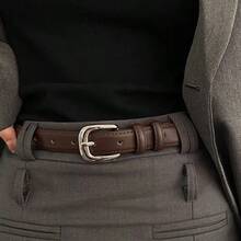 Women's Simple Yet Elegant Shiny Silver Buckle Leather Belt, Decorative For Students And Youth, Korean Style Fall, Autumn, Halloween - 咖啡 - 查看 3
