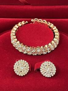 三件套时尚性感全镶钻多层项链、耳环、手链，新娘首饰套装，短款项链，圣诞礼物 - 彩色 - 查看 3