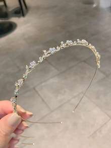 1件极简合金发箍，饰以仿珍珠、花朵和水钻，适合女性，金色发饰，新娘装饰，发箍，发圈 - 米色 - 查看 3