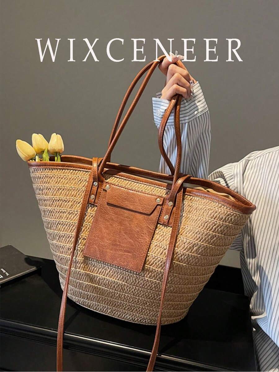 Fashion Large Capacity Woven Tote Bag, New Beach VacationOne Shoulder Underarm Straw Large Bag