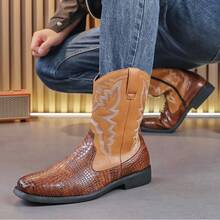 Western Cowboy Boots, Crocodile-Patterned Soft Leather Embroidered Sleeve Boots, Men's Boots, Versatile And Warm Boots For Autumn And Winter, Men's Leather Shoes, High-Top Shoes - Brown - View 10