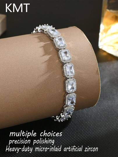 KMT 1 Piece Of Women's Copper Inlaid Halo Square Cubic Zirconia Bracelet, Suitable For Women To Wear. Luxurious And Shiny Wedding Bride Jewelry, Very Suitable For Prom, Dinner Parties And Daily Wear
