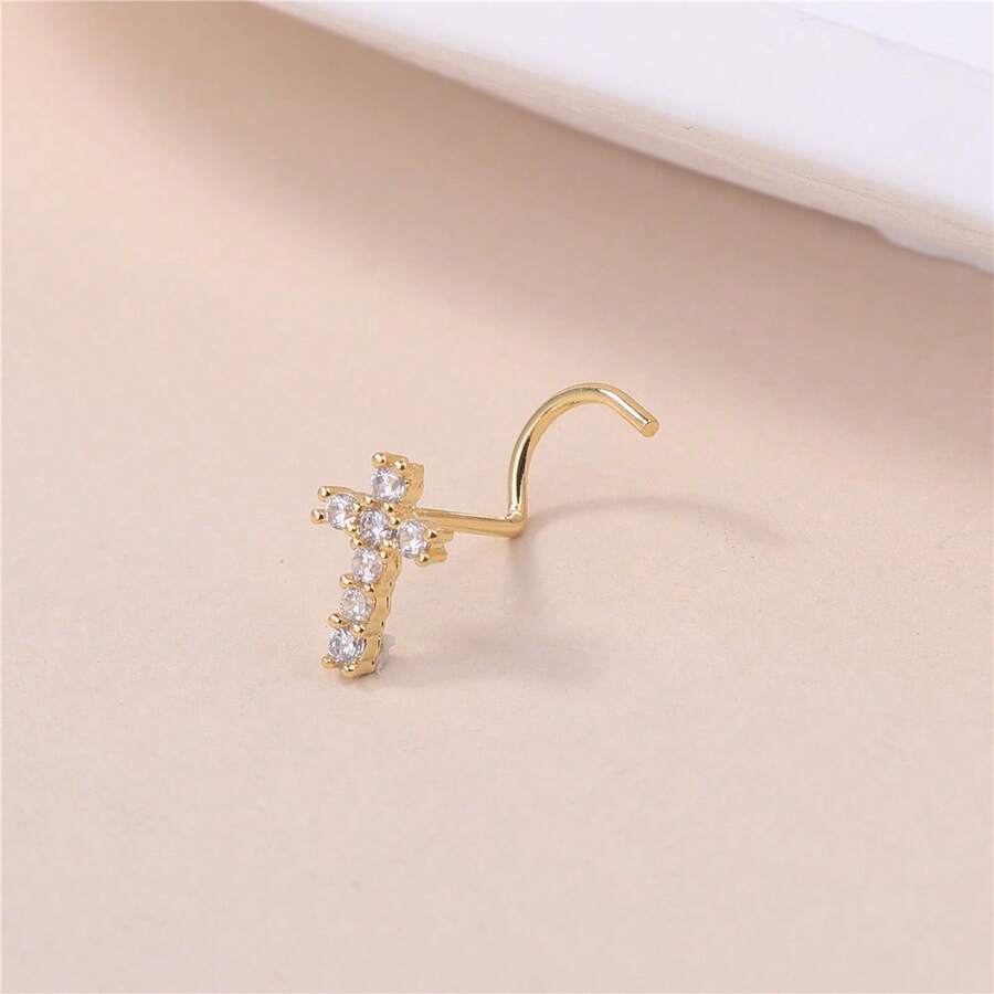 Gold S-Shaped Needle Curved Hook Thin Rod Nose Stud  Cross Nose Piercing Jewelry Nose Ring - 銀色 - 查看 1