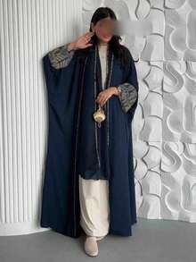 Bộ 2 món: Áo khoác dài cardigan in hoa bằng polyester + Khăn choàng in họa tiết bằng chiffon, phù hợp cho mọi mùa xuân. - Màu xanh hải quân - Xem 8