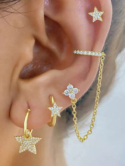 4PCS Elegance Multi-Storey Ear Clip Earrings Set For Women New Design Cubic Zirconia Flowers Chain Ear Stud Cartilage Piercing Jewelry