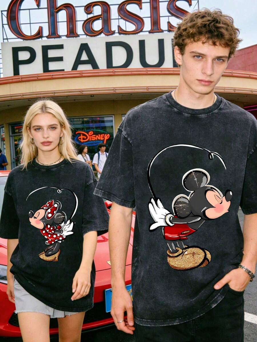 Disney Officially Licensed Graphic T Shirts 100 Percent Cotton Disney Shirt, Mickey & Minnie Couple T-Shirt, Unisex, Washed 230g, Retro Washed, Park Outfit, Crew Neck Casual Tee - 黑2 - 查看 1