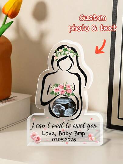 1pc Customize Photo B Ultrasound Acrylic Plaque,Personalized Pregnant Mom & Baby Ultrasound Photo Desk Decor, Custom Name & Due Date Pregnancy Keepsake, Floral Rose Design Pregnancy Announcement Sign