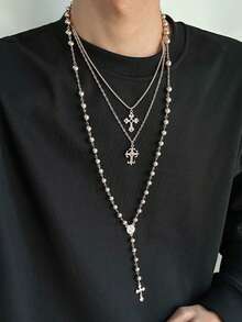 3pcs Punk Cross Beaded Necklace Set, Charming Jewelry For Men - Silver - View 3