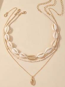 3件套简约时尚贝壳串珠编织项链套装（女士款） - 米色 - 查看 1