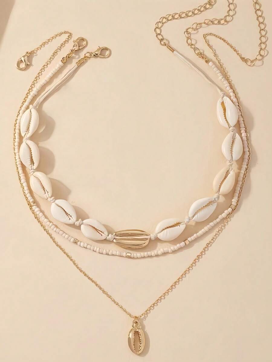 3件套简约时尚贝壳串珠编织项链套装（女士款） - 米色 - 查看 1