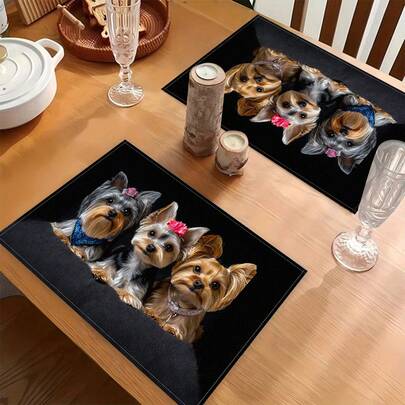 1pc Yorkshire Terrier Pattern Placemat, Cat Pattern Placemat, Breakfast Placemat, Farmhouse Minimalist Style, Dining Table Decor, Kitchen Accessory, Linen Placemat, Coaster, Pot Holder, Pet Mat, Bowl Pad, Easy To Clean Placemat, Suitable For Home, Dining Room, Dining Room Decor, Gift Set, Gift For Friends
