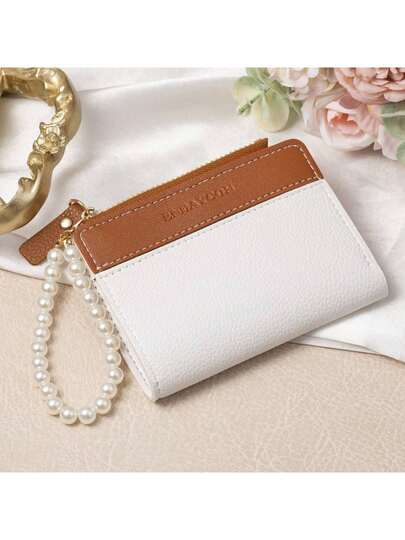 White Letter Detail Folding Compact Wallet, Contrast Color Block Beaded Pocket Wallet, Bifold Wallet For Women, Lightweight Portable Credit Card Holder Key Case, Short Wallet, Cute Fashion Birthday Christmas Anniversary Gift For Ladies, Girls, Female, Business, School, Dorm, Life, Valentine's Day