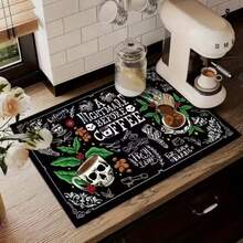 1pc Square Skull & Coffee Pattern Mat, Soft Rubber Backed Heat Insulation Pad, Desk Protector, Coffee Machine Mat, Kitchen Drainage Mat, Home & Kitchen Dining Mat - Multicolor - View 2
