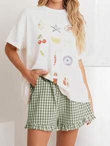 Womens Ruffle Boxer Shorts Pajama Gingham Shorts Summer Casual Lounge Sleep Plaid Beach Bottoms Pockets 2026 - 軍綠白色格子 - 查看 5