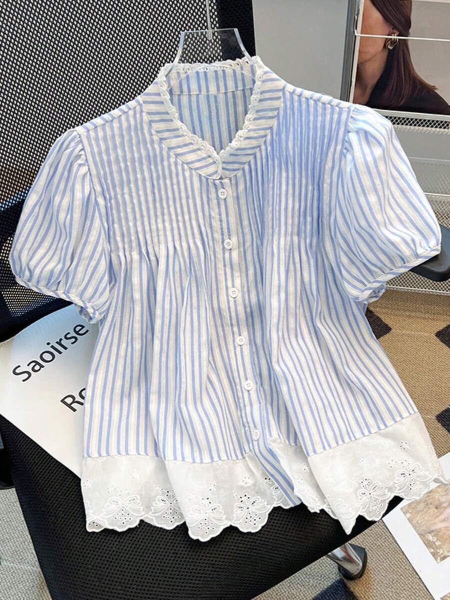 Women's Striped Embroidered Single-Breasted Casual Everyday Petal Sleeve Shirt - Blue - View 1