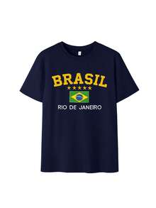 Brazil Rio De Janeiro Five-Star National Flag Pattern Round Neck T-Shirt - Essential Streetwear For World Cup Fever | Retro Campus Style T-Shirt With Bold Yellow Letters And Iconic Brazilian Flag Details Casual Summer - Navy Blue - View 3
