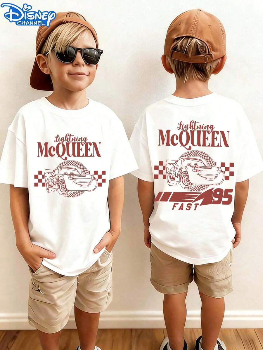 Disney's Cars Lightning McQueen Print Children's T-Shirt, Pure Cotton, Breathable Cartoon Racing Short-Sleeve Top - White - View 1